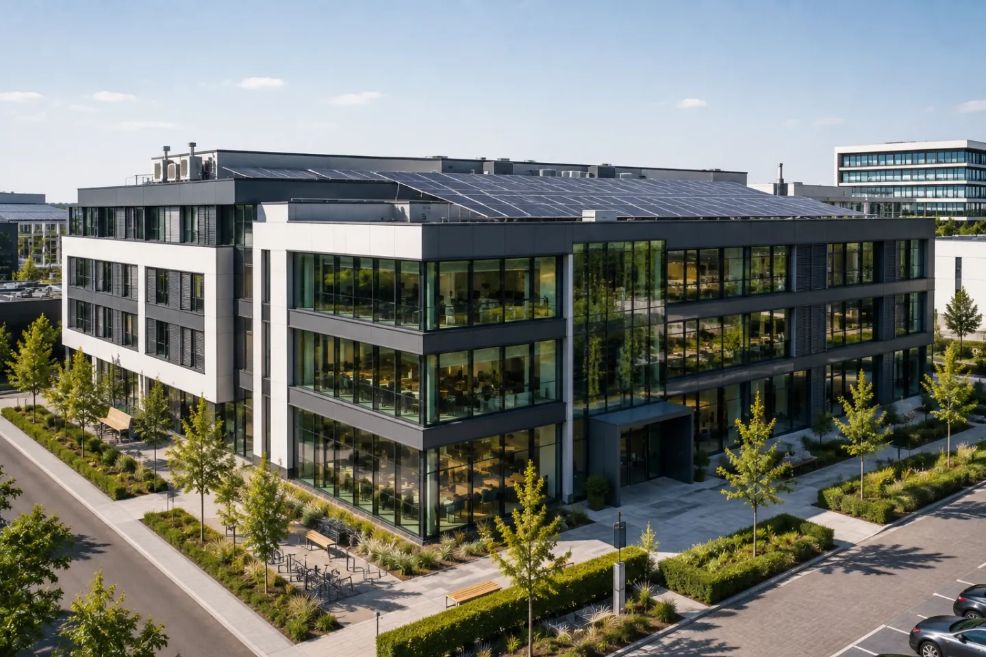 Verwaltungsgebäude mit Photovoltaik auf dem Dach