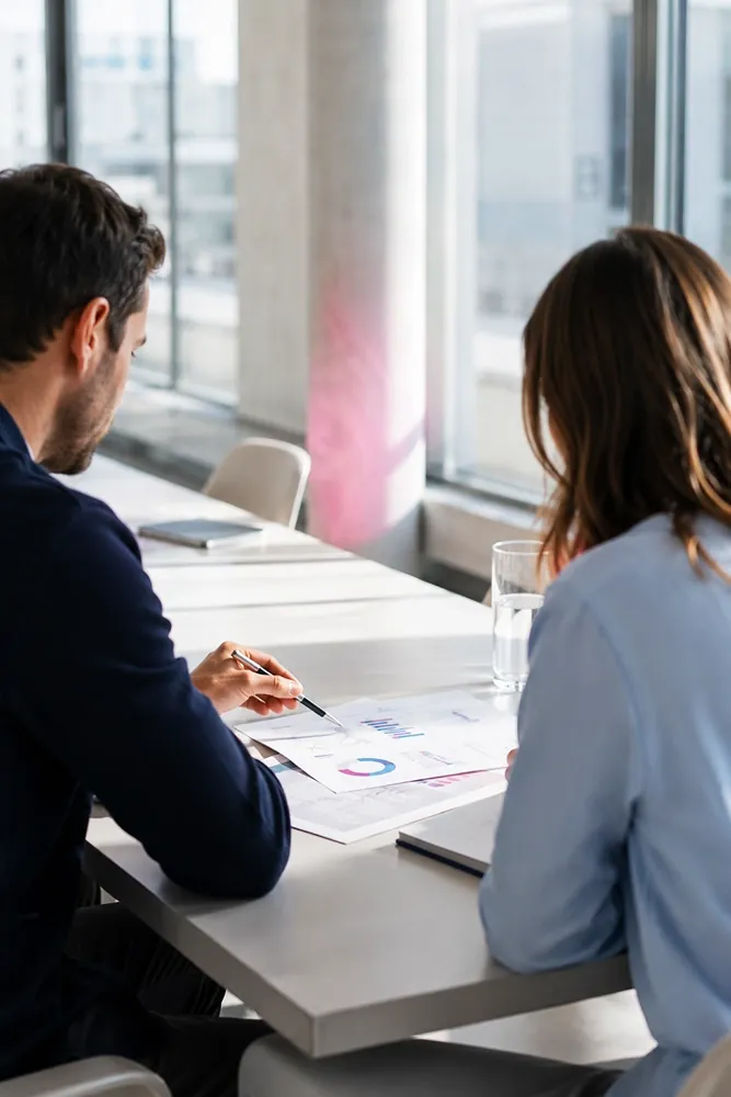 Beraterin und Berater besprechen an einem Tisch Auswertungen zum Energieverbrauch.