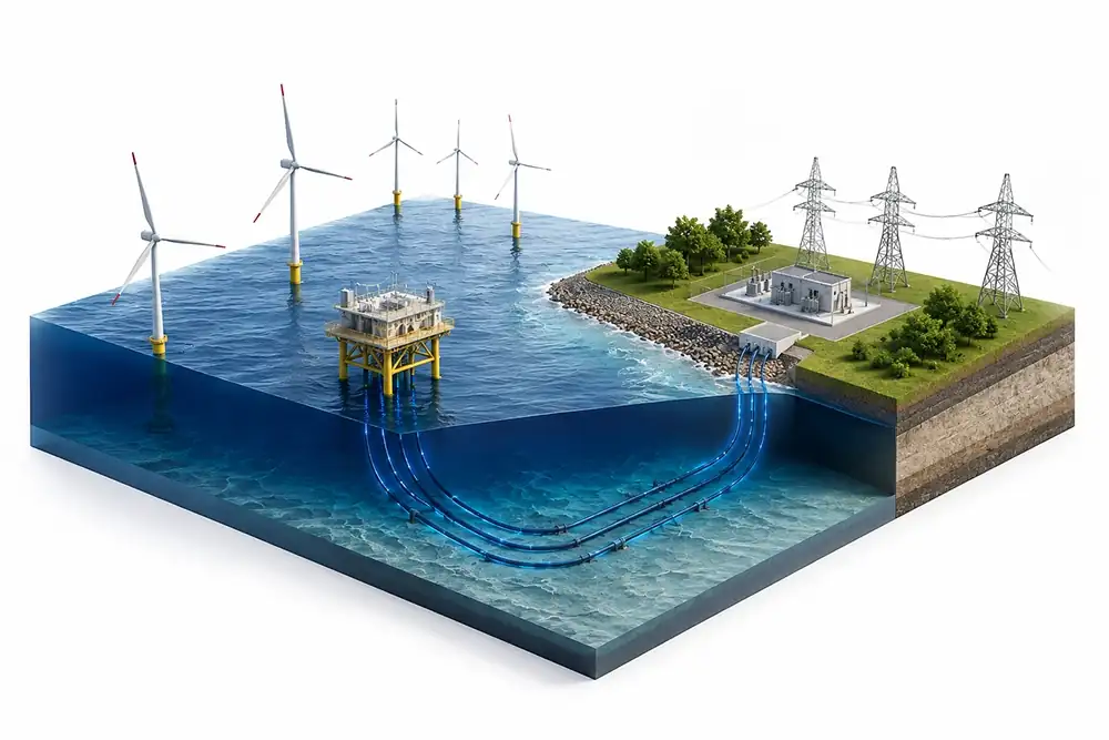 Isometrische 3D-Grafik eines Offshore-Windparks mit Umspannplattform und Unterseekabeln