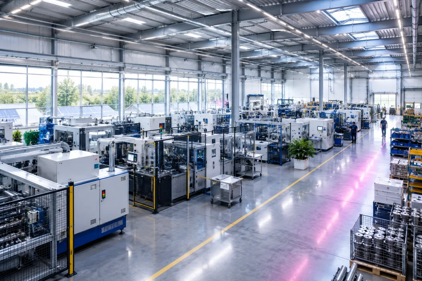 Moderne Produktionshalle mit Maschinenreihen und viel Tageslicht