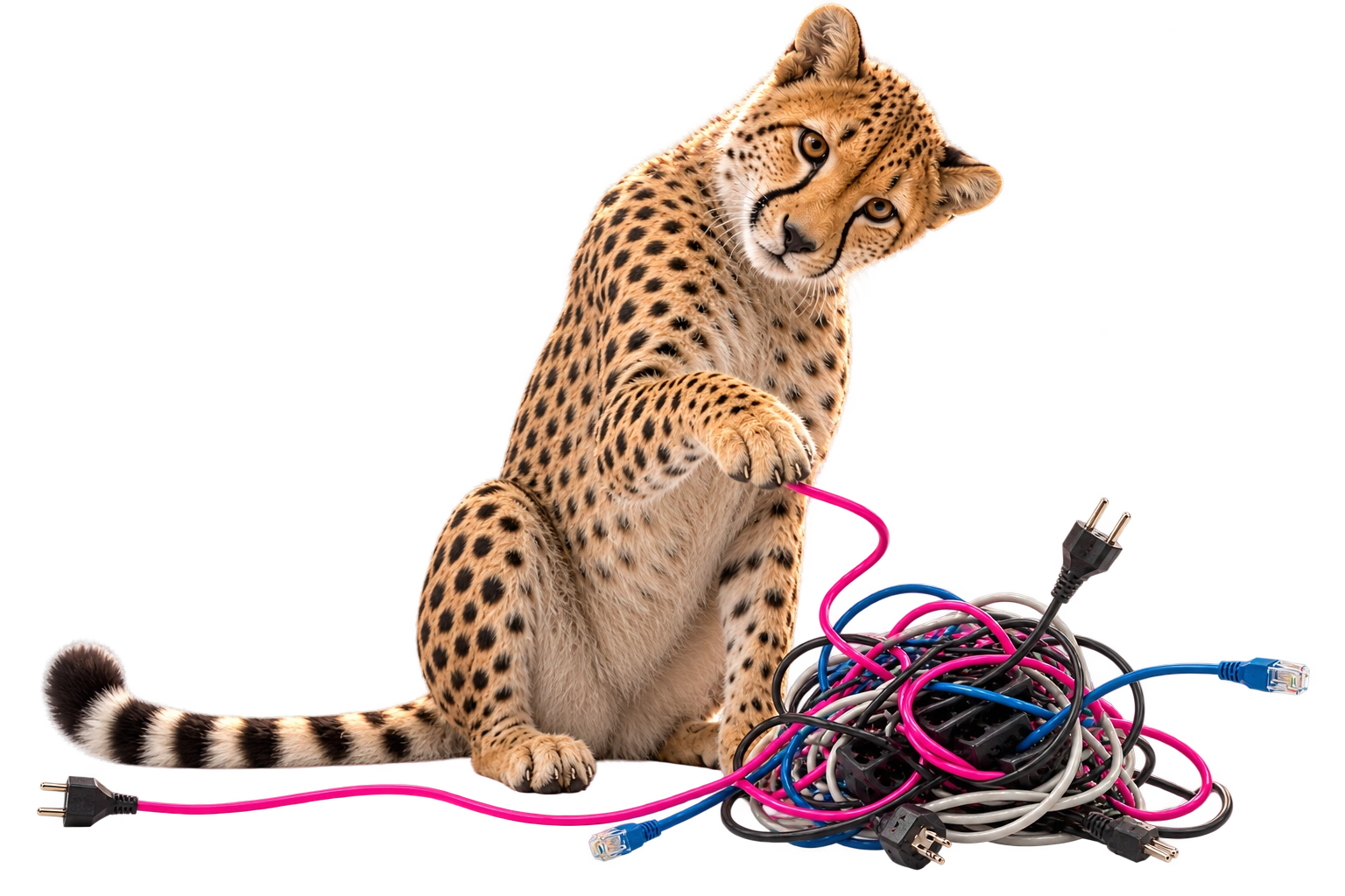 Ein junger Gepard entwirrt ein Knäuel aus Strom- und Netzwerkkabeln.
