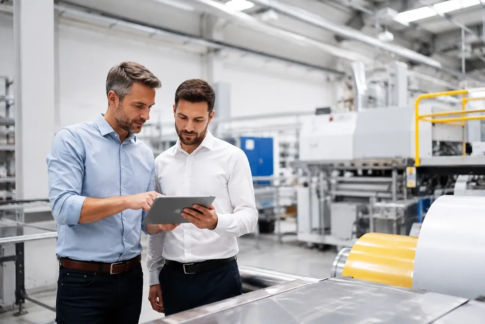 Zwei Personen besprechen Kennzahlen auf einem Tablet in einer Produktionshalle