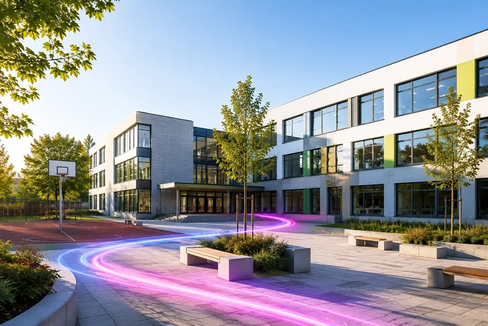 Schulgebäude mit Nebengebäuden