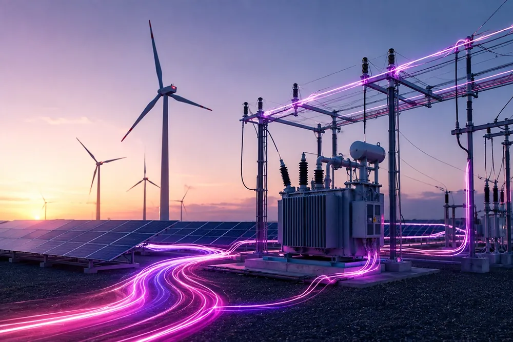 Umspannwerk mit Transformator zwischen Photovoltaikmodulen und Windrädern, verbunden durch pinke Lichtspuren