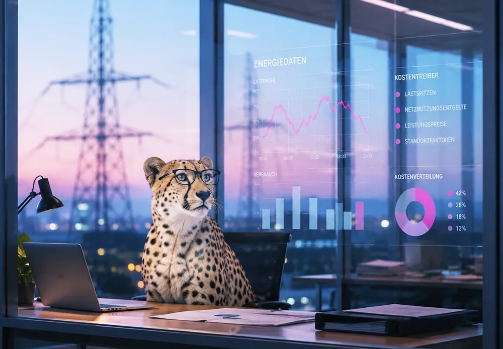Gepard mit Brille am Schreibtisch vor eingeblendeten Energiedaten und Kostentreibern