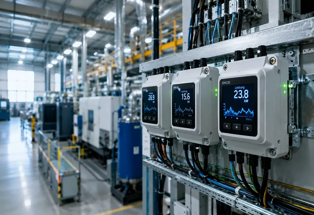 Drei Energiemessgeräte in einer Produktionshalle zeigen die aktuelle Leistung in Kilowatt