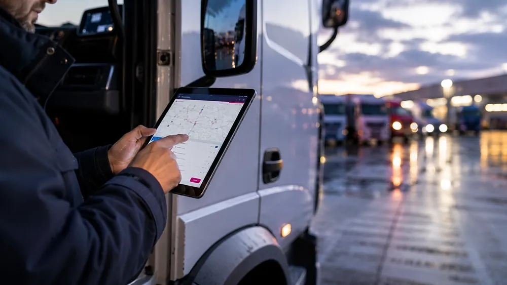 Speditionsgelände mit Lkw-Verkehr