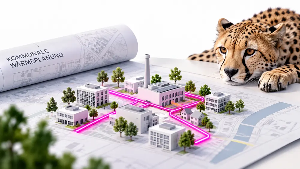 Stadtmodell auf einem Lageplan, pink leuchtende Wärmeleitungen verbinden Gebäude und Heizzentrale, daneben eine Planrolle mit der Aufschrift Kommunale Wärmeplanung