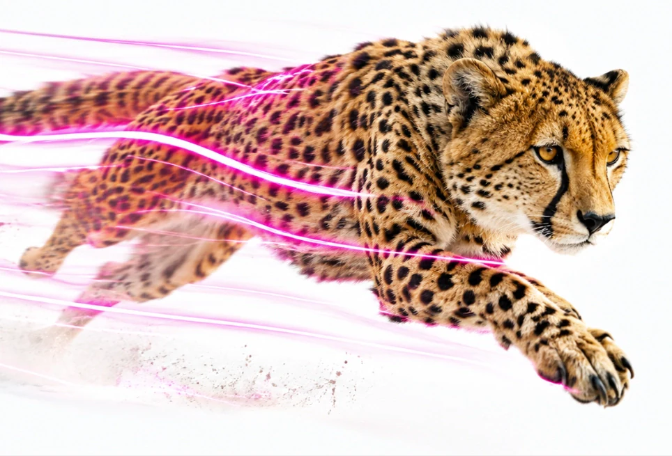 Ein Gepard im vollen Sprint, begleitet von pinken Lichtspuren.